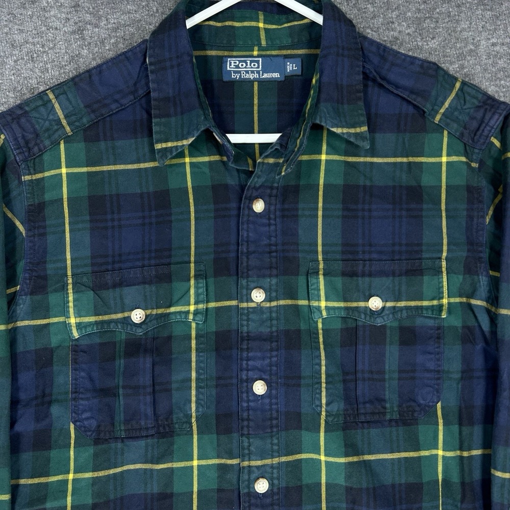 VTG Polo Ralph Lauren Flannel Work Shirt Mens L Green Tartan Epaulets Chin Strap